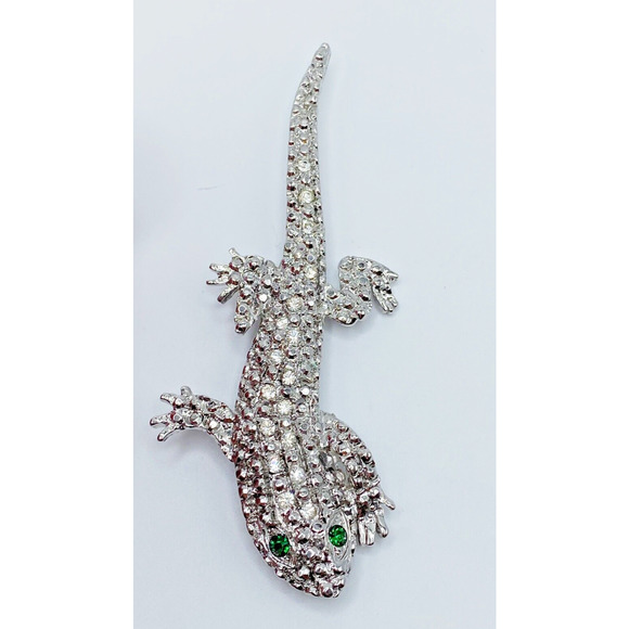 Unbranded Jewelry - Large Silver Tone Clear Rhinestone Green Eye Lizard Gecko Brooch Pin Figural